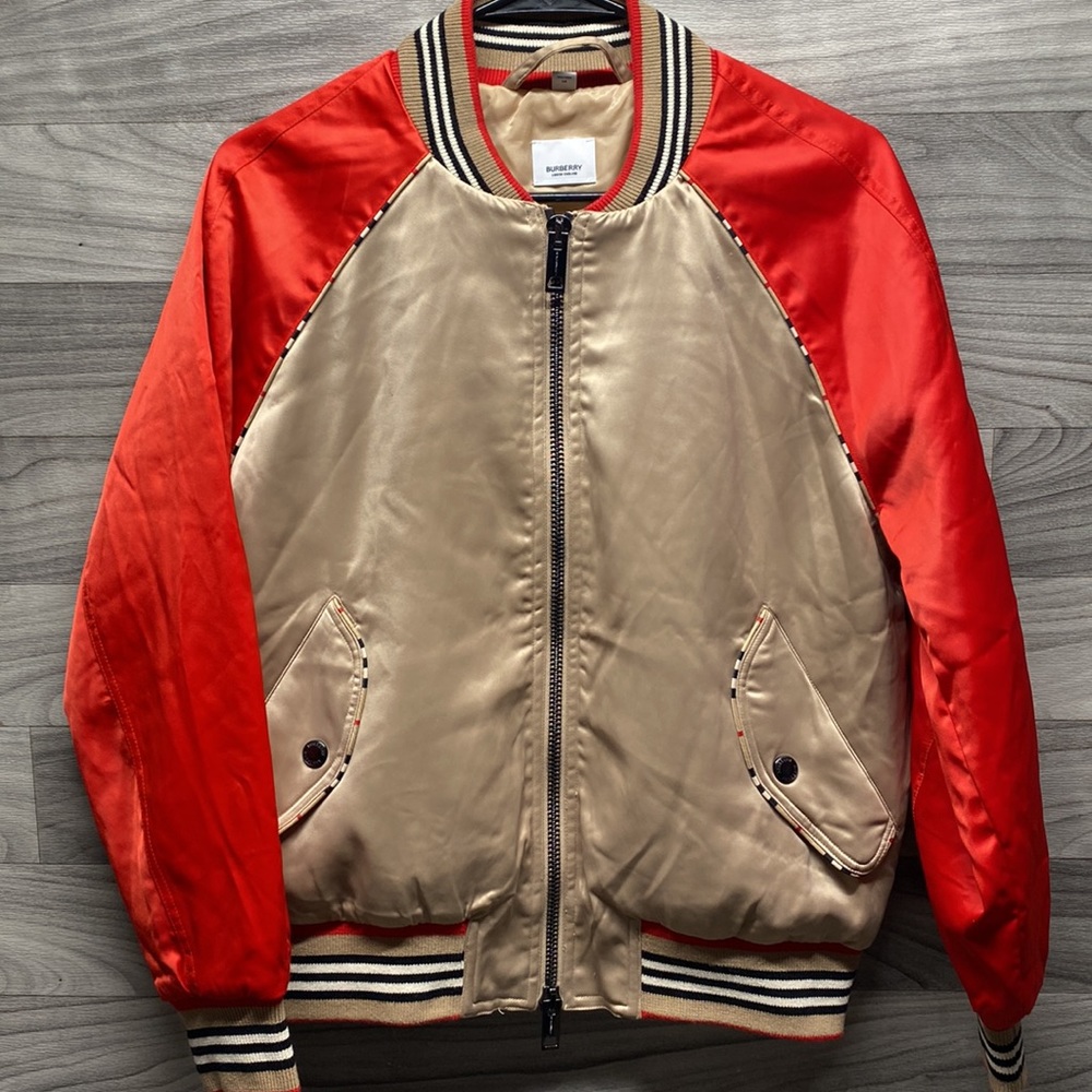 BURBERRY Harlington Logo Patch Satin Bomber Jacket